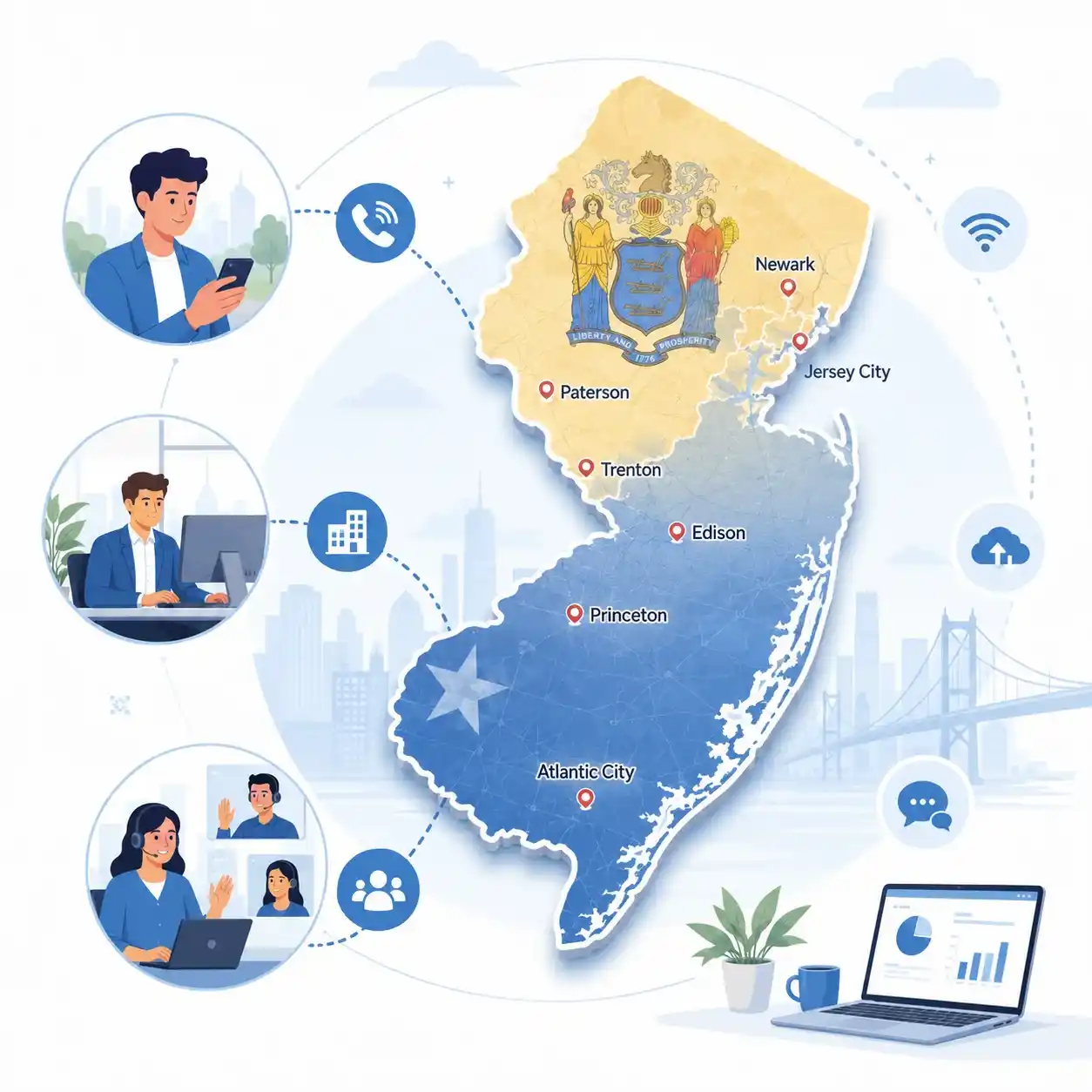 New Jersey state outline with icons for mobile, office, remote team and call center connected to a central phone pin